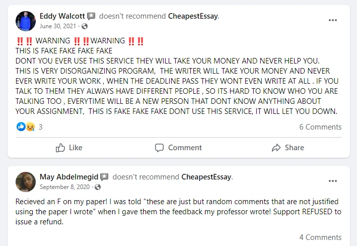 CheapestEssay reviews on Facebook